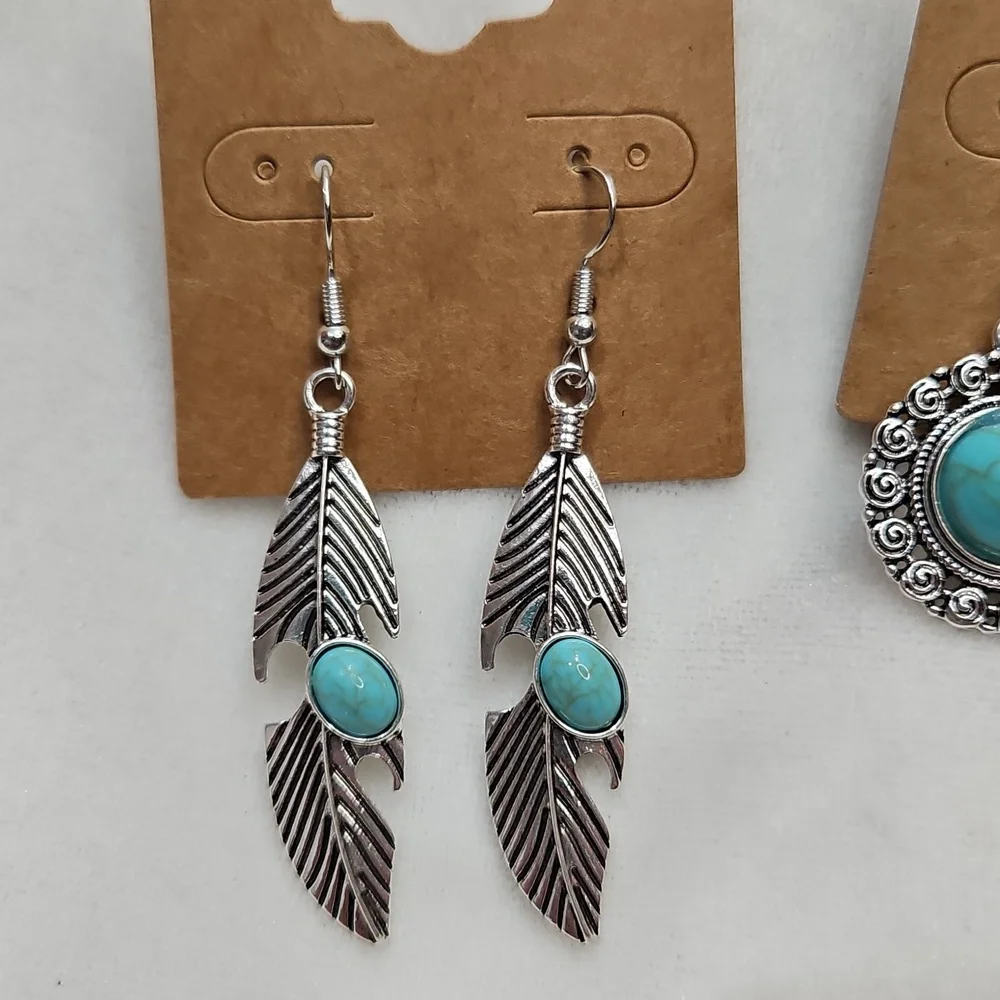 Lot of 2 Pairs Turquoise Blue Silver Southwestern Pierced Earrings Dangle Boho
